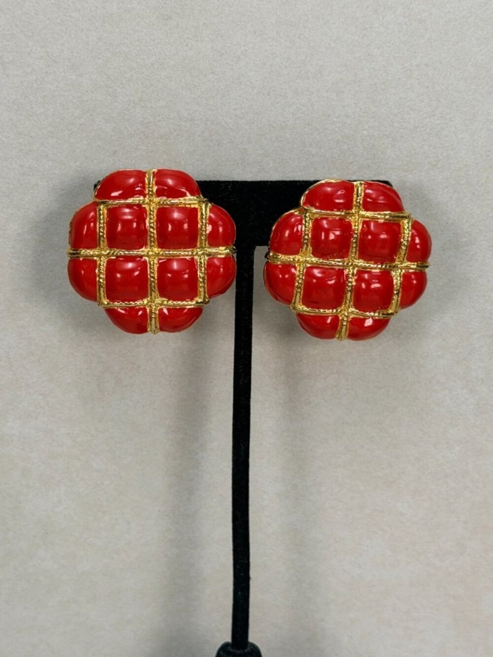 Red Enamel Gold Tone Quilted Clip On Earrings Vintage Statement Designer